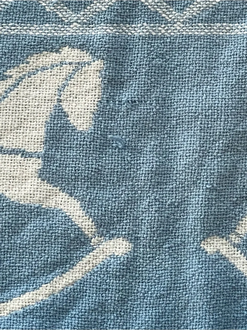 Vintage 80s Blue and White Hearts and Rocking Horses Blanket w/Fringe